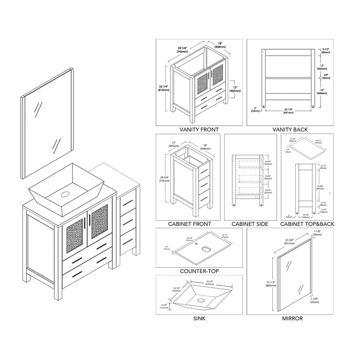 Blossom Sydney 42" Vanity Set, Ceramic/Ceramic Vessel Sink, Side Cabinet and Optional Mirror