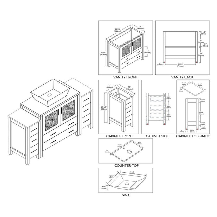 Blossom Sydney 54" Vanity Set, Side Cabinets, Vessel Sink and Optional Mirror - Luxe Vanity & Tub