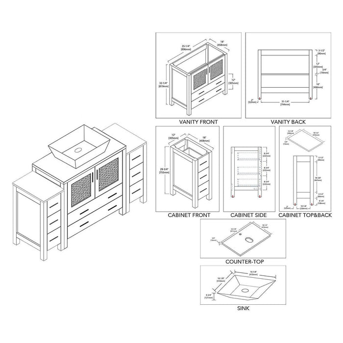 Blossom Sydney 54" Vanity Set, Side Cabinets, Vessel Sink and Optional Mirror - Luxe Vanity & Tub