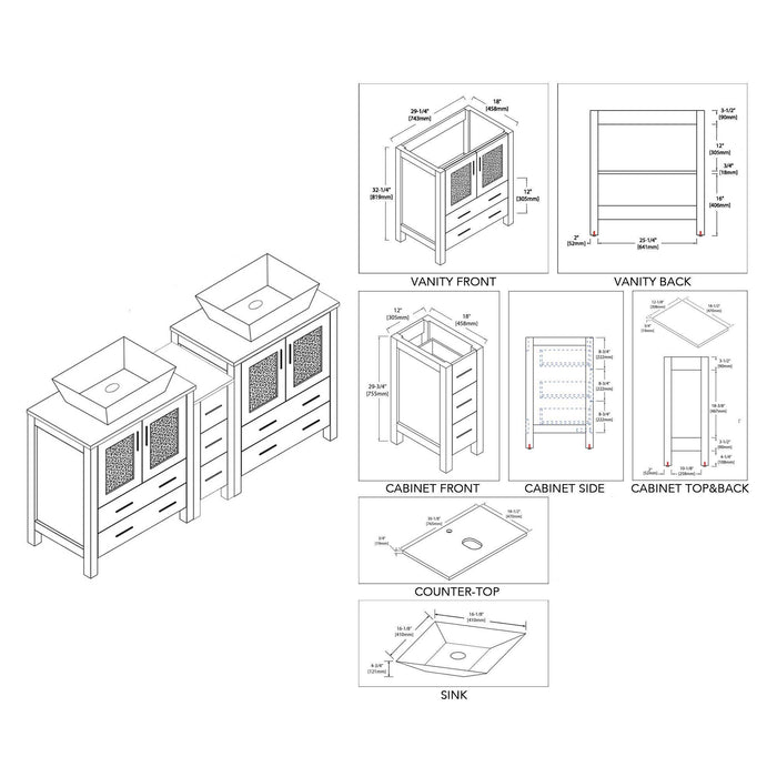 Blossom Sydney 84" Double Vanity Set, Side Cabinets, Vessel Sink and Optional Mirror - Luxe Vanity & Tub
