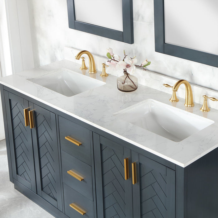 Gazsi 60" Double Bathroom Vanity Set with Grain White Composite Stone Countertop - Luxe Vanity & Tub